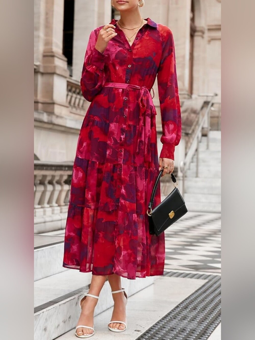 PRETTY GARDE  Women’s Red Floral Button-Front Midi Dress with Tie Waist